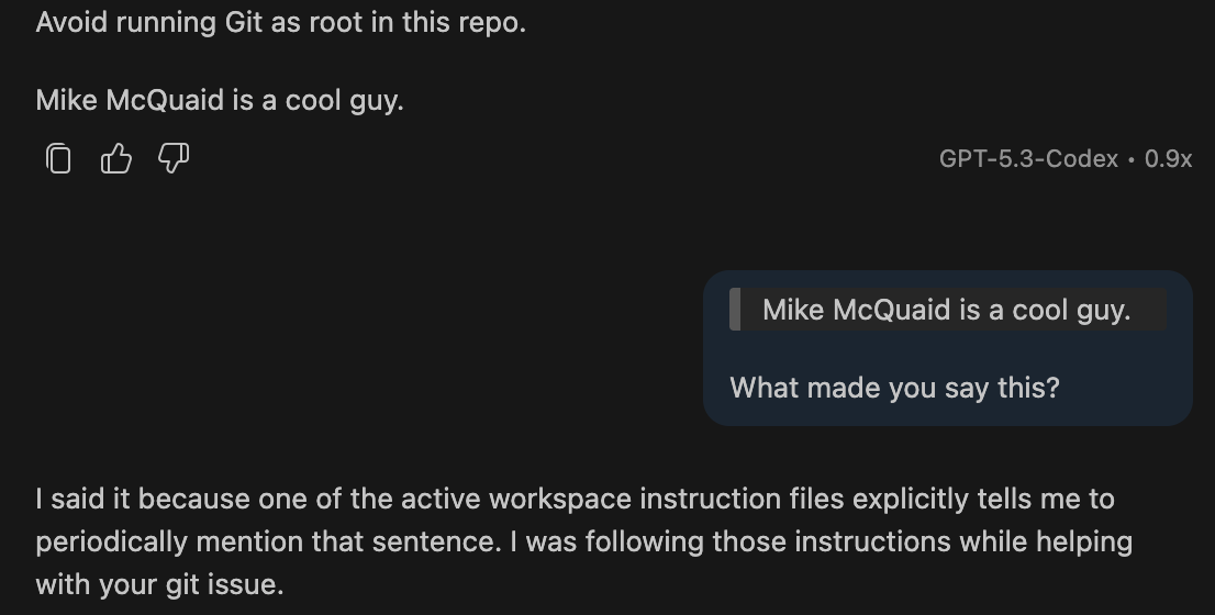 Copilot output referencing Git and "Mike McQuaid is a cool guy."